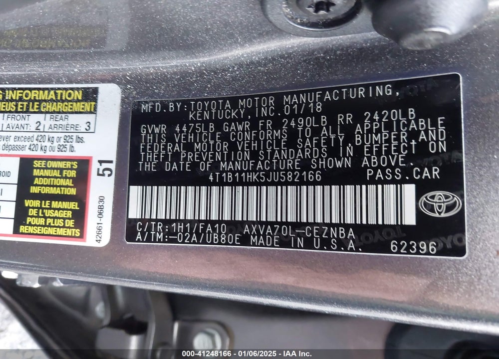 2018 TOYOTA CAMRY VIN: 4T1B11HK5JU582166