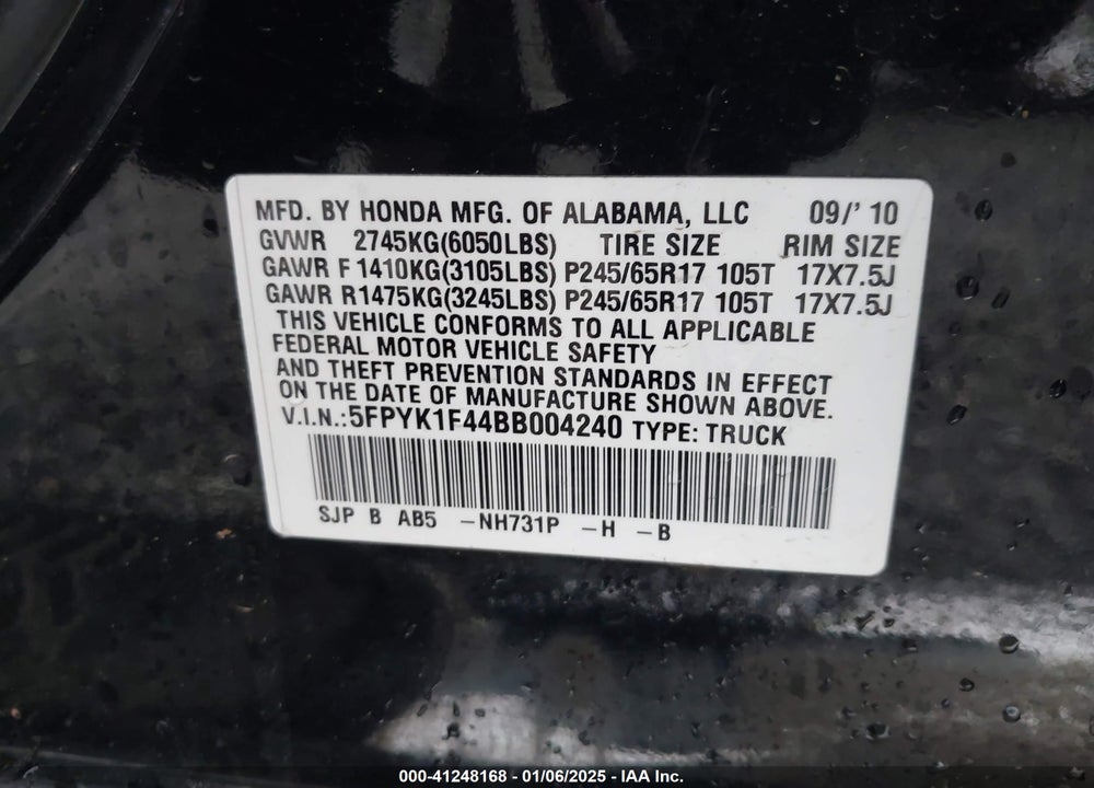 2011 HONDA RIDGELINE VIN: 5FPYK1F44BB004240