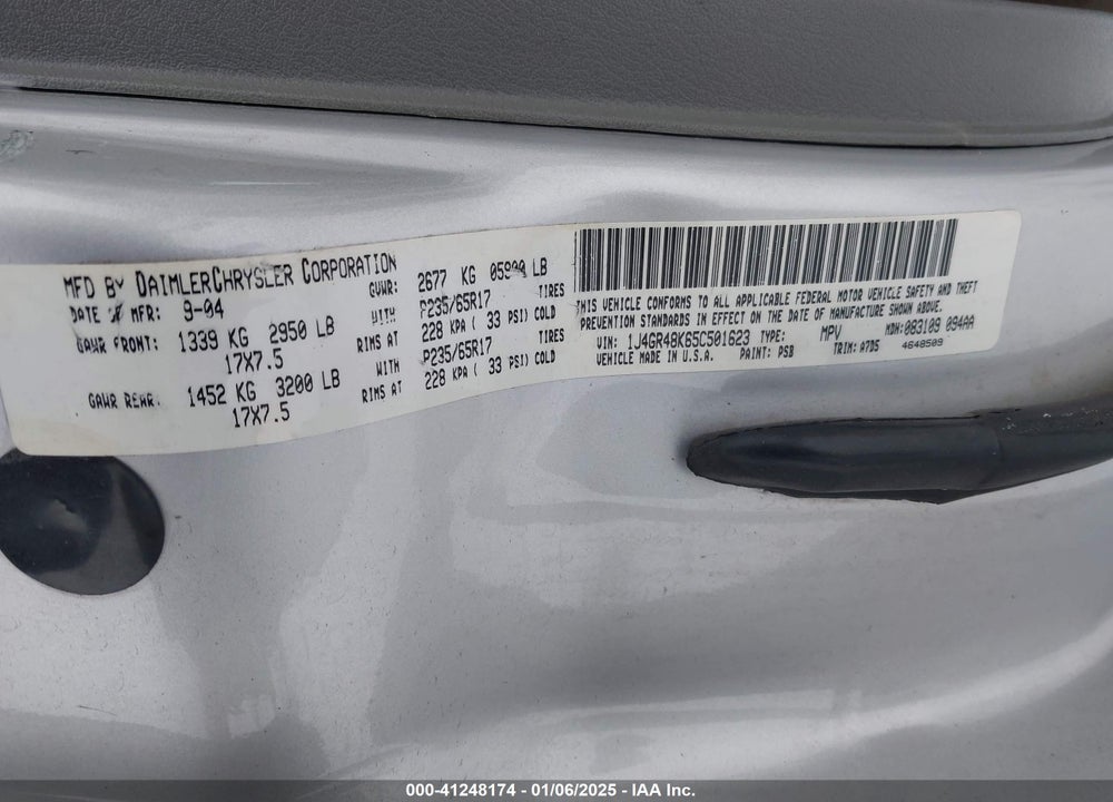 2005 JEEP GRAND CHEROKEE LAREDO VIN: 1J4GR48K65C501623