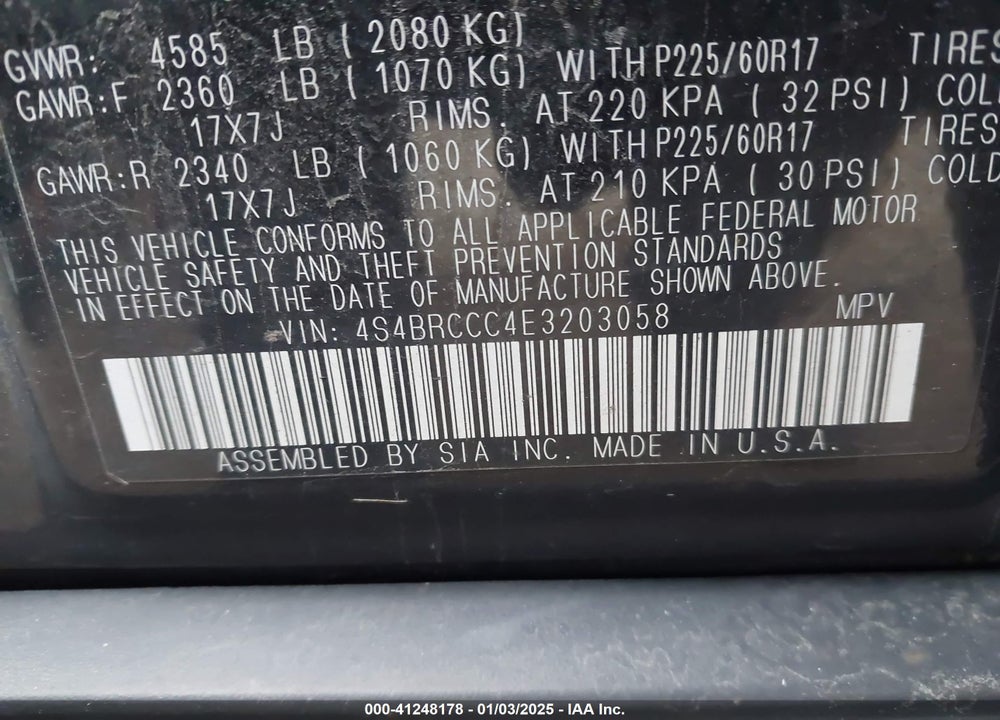 2014 SUBARU OUTBACK 2.5I PREMIUM VIN: 4S4BRCCC4E3203058