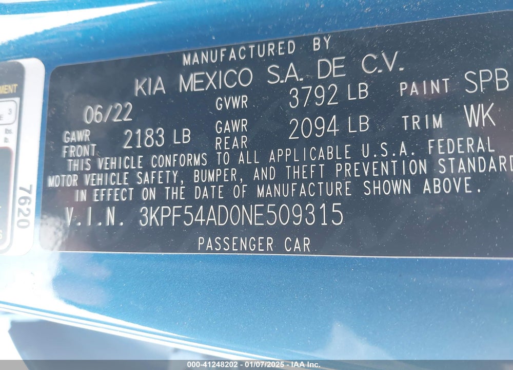 2022 KIA FORTE GT LINE VIN: 3KPF54AD0NE509315