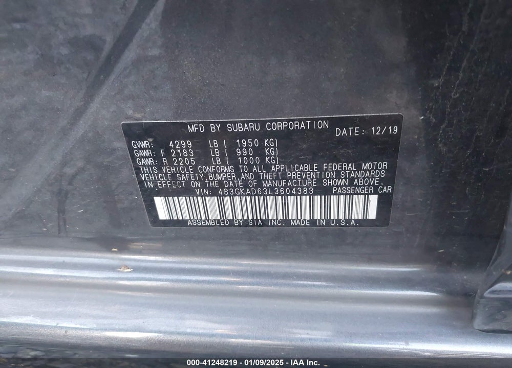 2020 SUBARU IMPREZA VIN: 4S3GKAD63L3604383