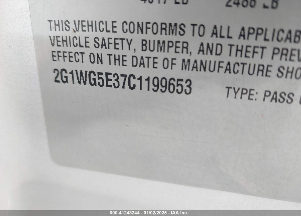 2012 CHEVROLET IMPALA LT FLEET VIN: 2G1WG5E37C1199653