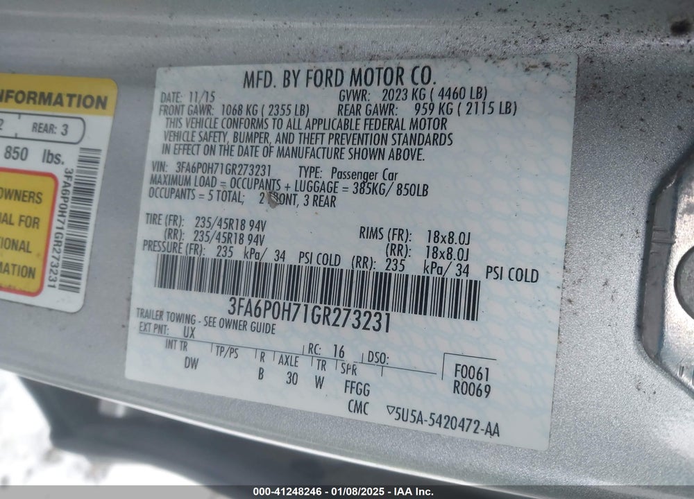 2016 FORD FUSION SE VIN: 3FA6P0H71GR273231