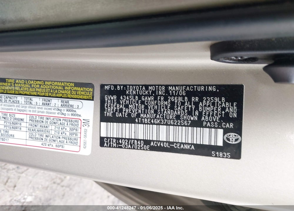 2007 TOYOTA CAMRY LE VIN: 4T1BE46K37U622567