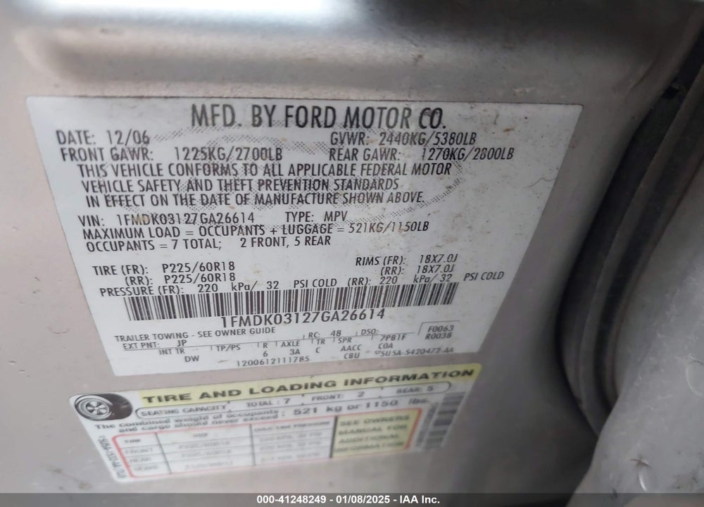 2007 FORD FREESTYLE LIMITED VIN: 1FMDK03127GA26614