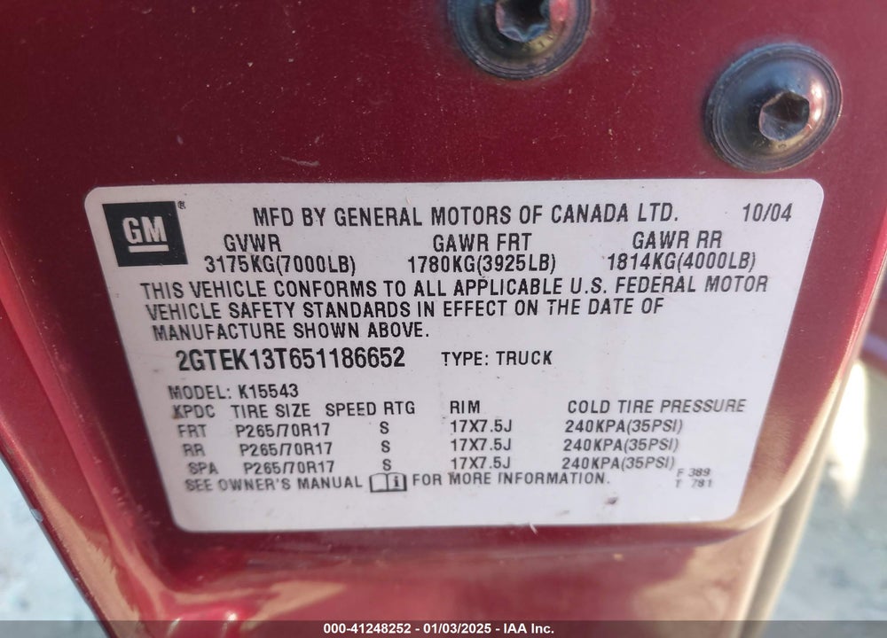 2005 GMC SIERRA 1500 SLE VIN: 2GTEK13T651186652