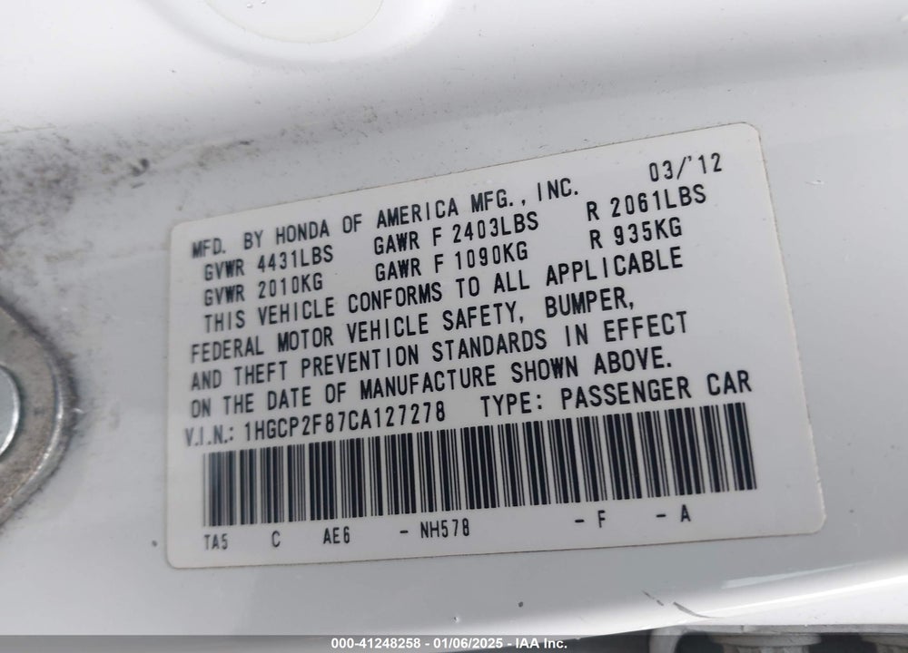 2012 HONDA ACCORD VIN: 1HGCP2F87CA127278