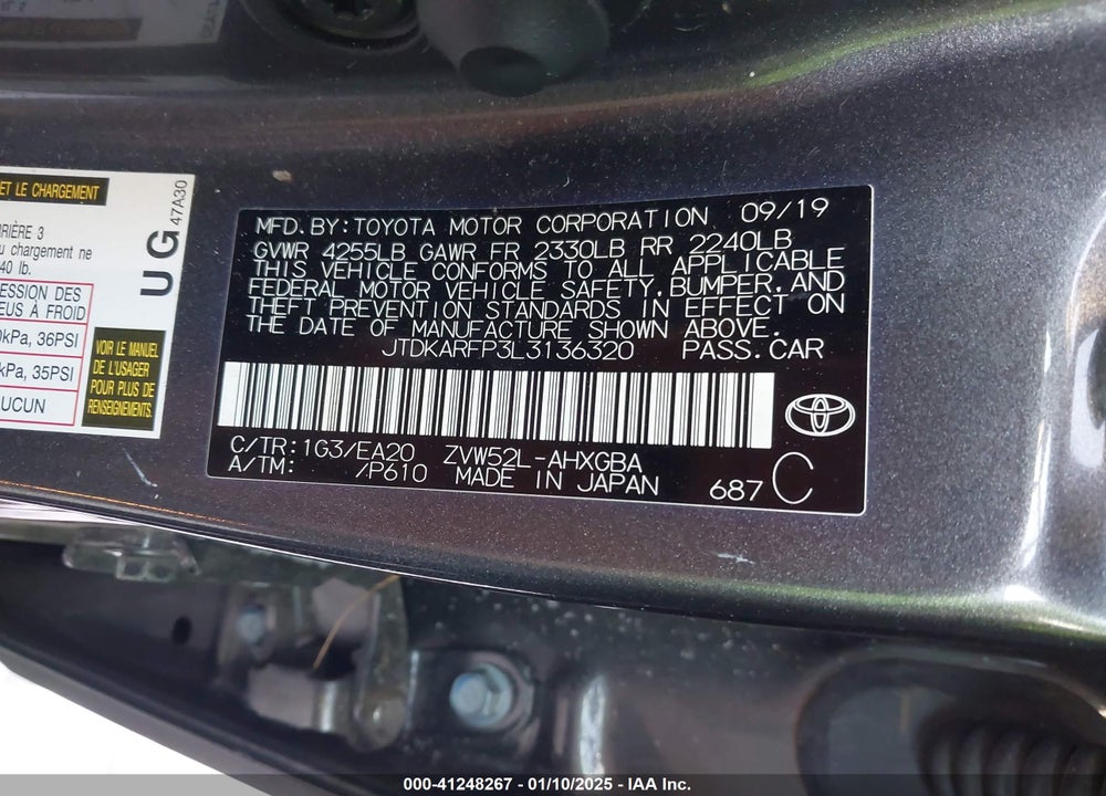 2020 TOYOTA PRIUS PRIME LE/XLE/LIMITED VIN: JTDKARFP3L3136320