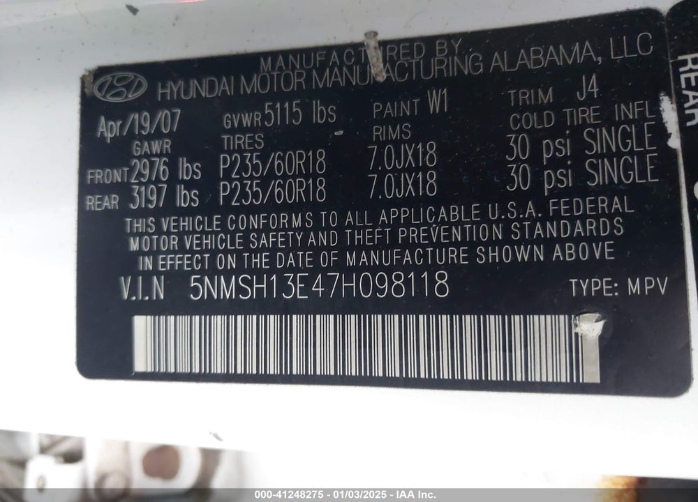 2007 HYUNDAI SANTA FE LIMITED/SE VIN: 5NMSH13E47H098118