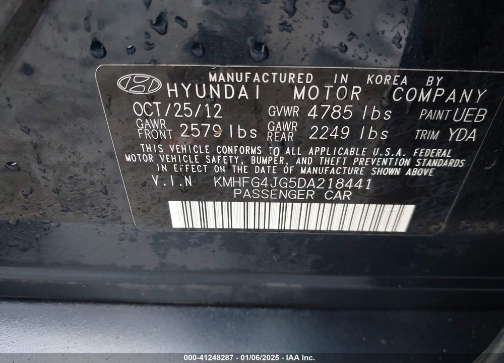 2013 HYUNDAI AZERA VIN: KMHFG4JG5DA218441