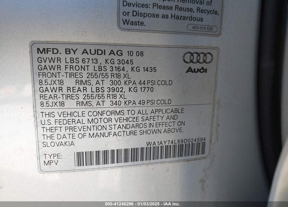 2009 AUDI Q7 3.6 PREMIUM VIN: WA1AY74L59D024594