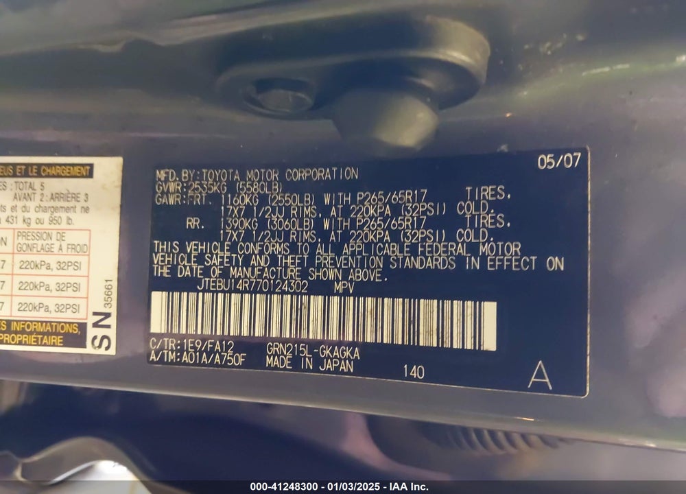2007 TOYOTA 4RUNNER SR5 V6 VIN: JTEBU14R770124302