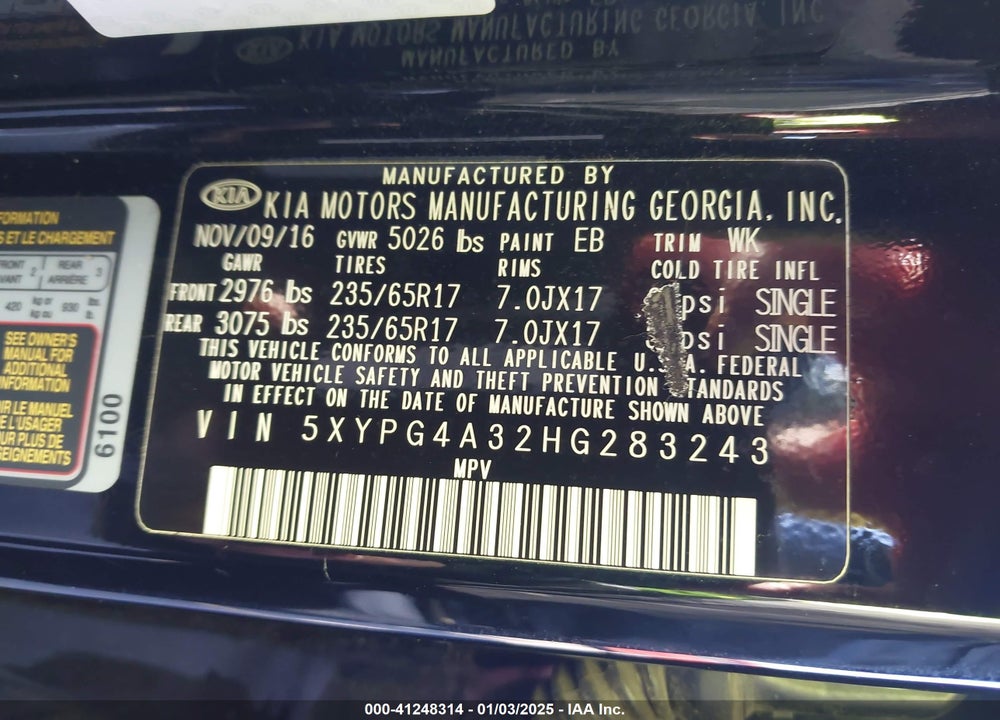 2017 KIA SORENTO 2.4L L VIN: 5XYPG4A32HG283243