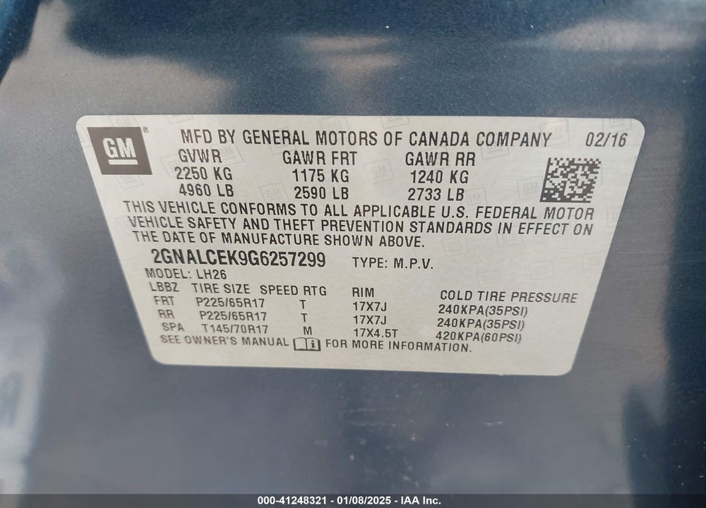 2016 CHEVROLET EQUINOX LT VIN: 2GNALCEK9G6257299