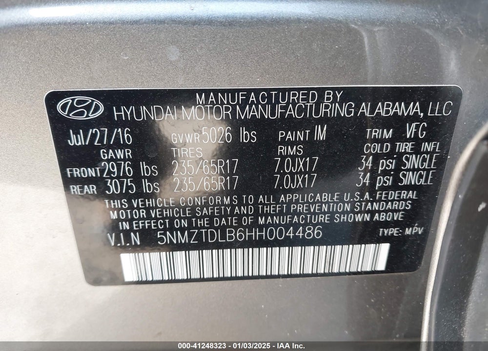 2017 HYUNDAI SANTA FE SPORT 2.4L VIN: 5NMZTDLB6HH004486