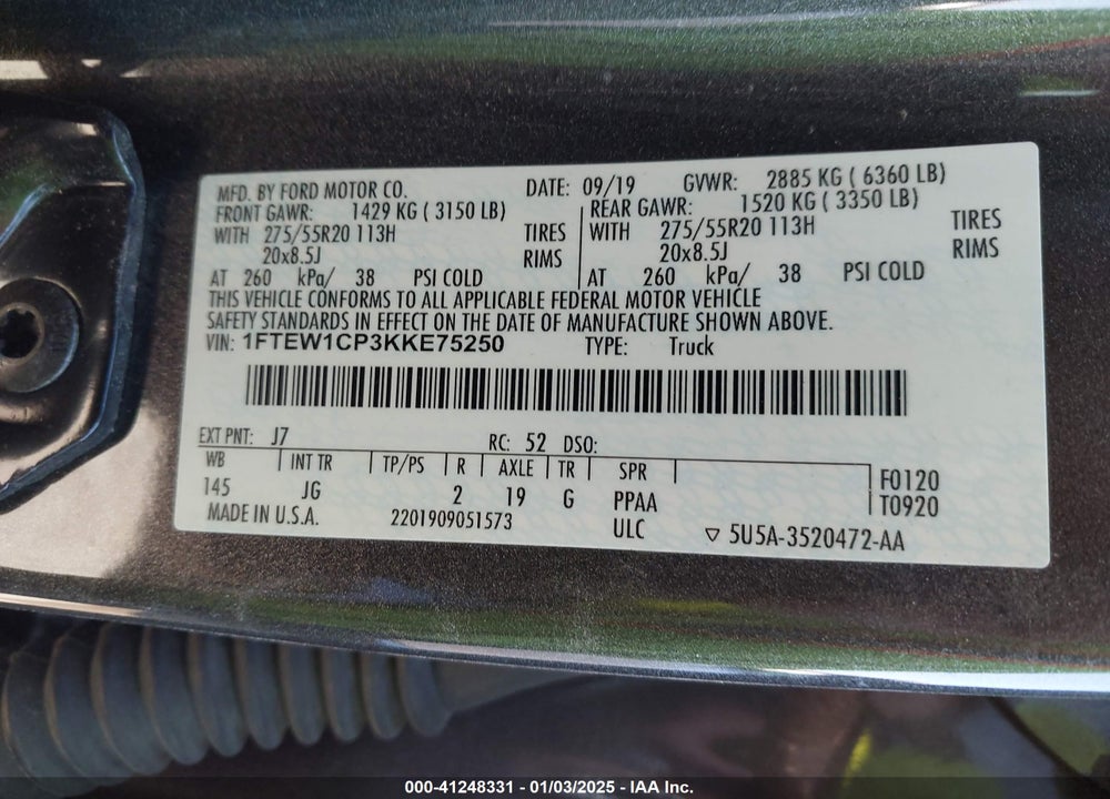 2019 FORD F-150 XL VIN: 1FTEW1CP3KKE75250