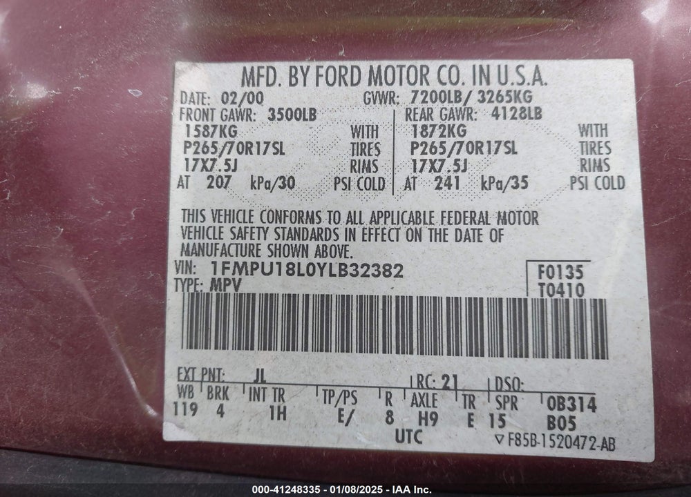 2000 FORD EXPEDITION EDDIE BAUER VIN: 1FMPU18L0YLB32382