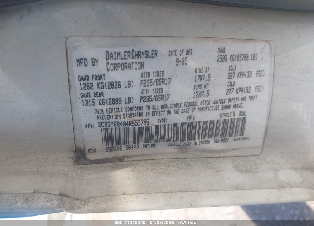 2004 CHRYSLER PACIFICA VIN: 2C8GM68404R555795