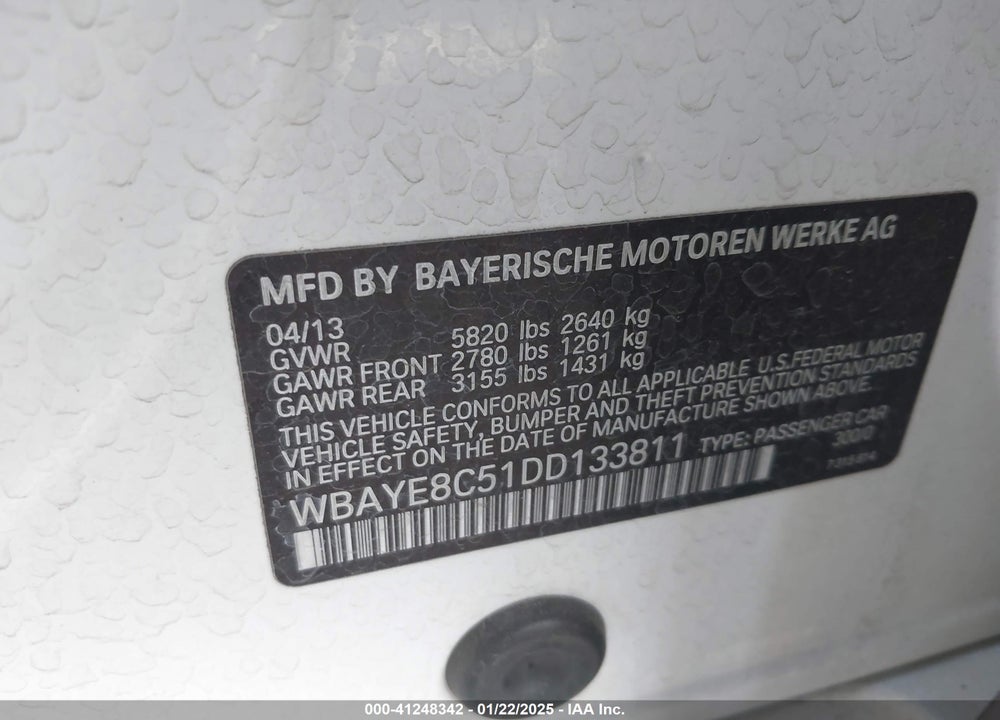 2013 BMW 750LI VIN: WBAYE8C51DD133811