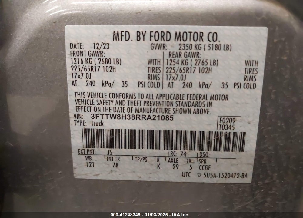 2024 FORD MAVERICK VIN: 3FTTW8H38RRA21085
