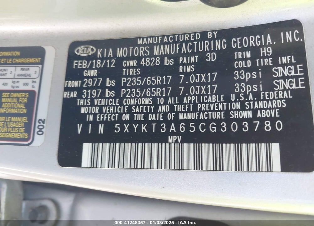 2012 KIA SORENTO LX VIN: 5XYKT3A65CG303780
