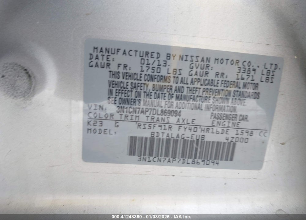 2013 NISSAN VERSA 1.6 S+ VIN: 3N1CN7AP7DL869094
