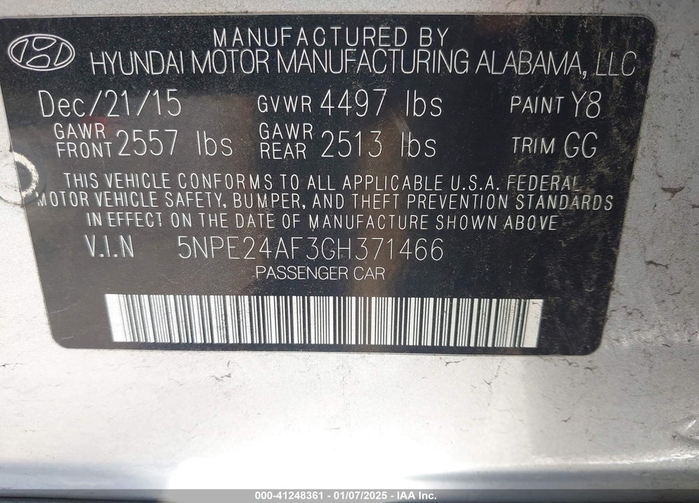 2016 HYUNDAI SONATA SE VIN: 5NPE24AF3GH371466