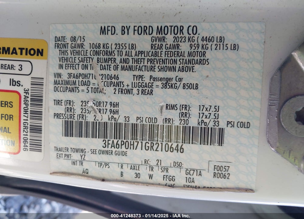 2016 FORD FUSION SE VIN: 3FA6P0H71GR210646