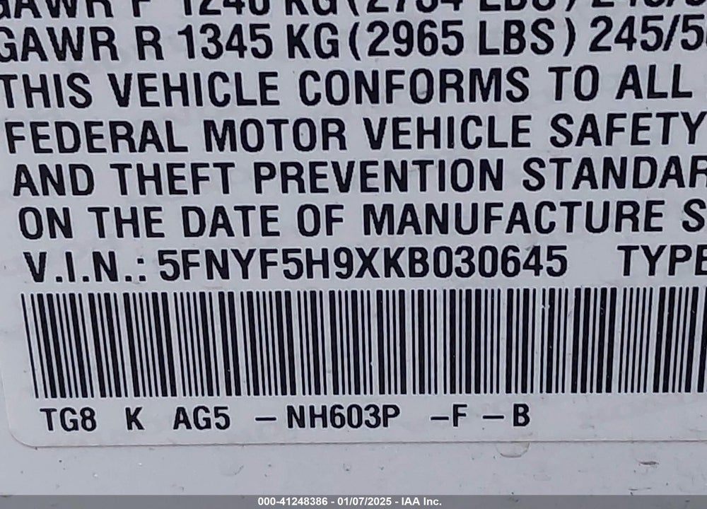 2019 HONDA PILOT TOURING VIN: 5FNYF5H9XKB030645