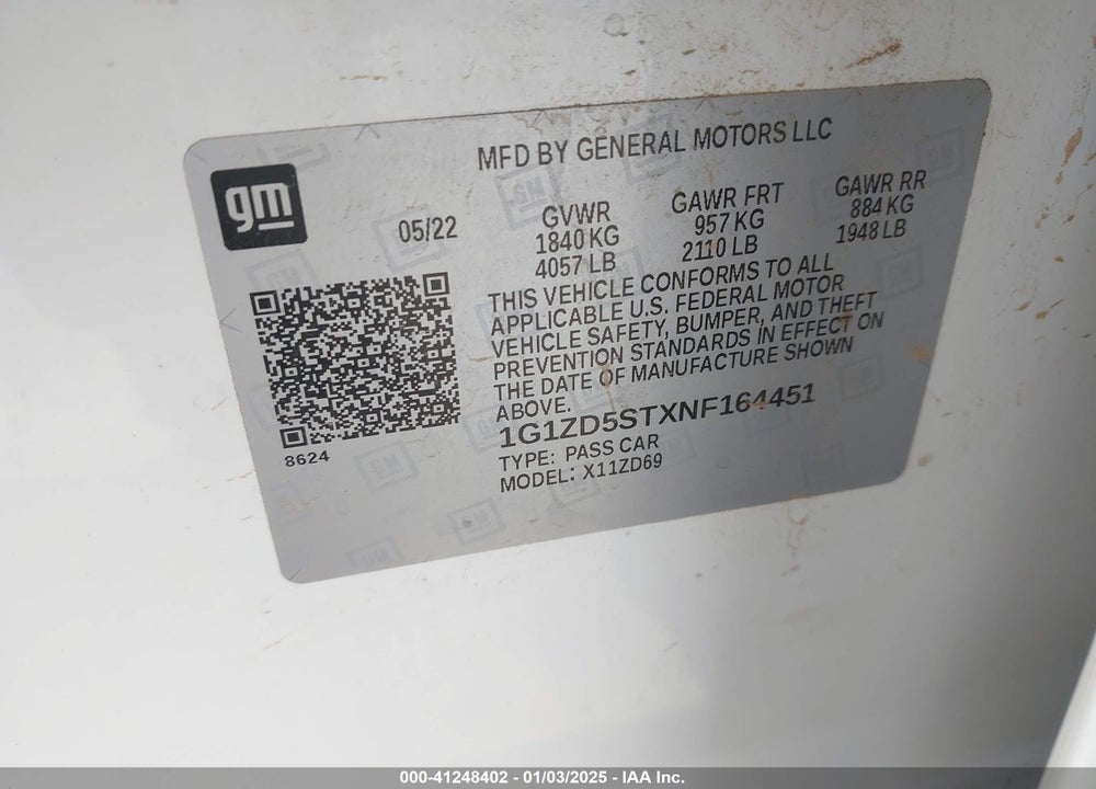 2022 CHEVROLET MALIBU FWD LT VIN: 1G1ZD5STXNF164451