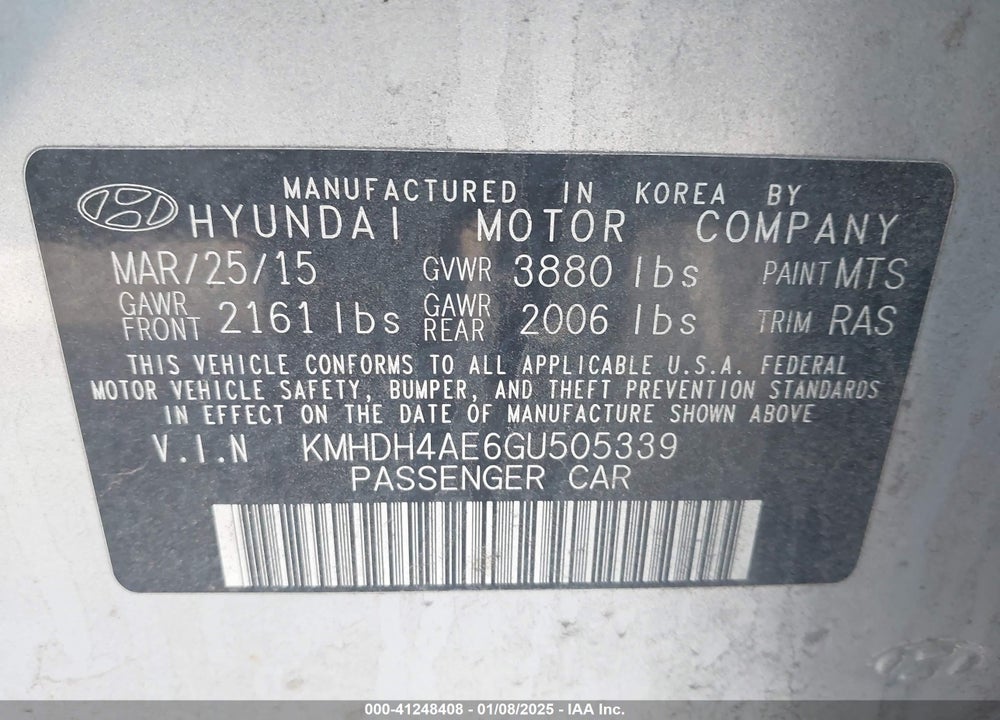 2016 HYUNDAI ELANTRA SE VIN: KMHDH4AE6GU505339