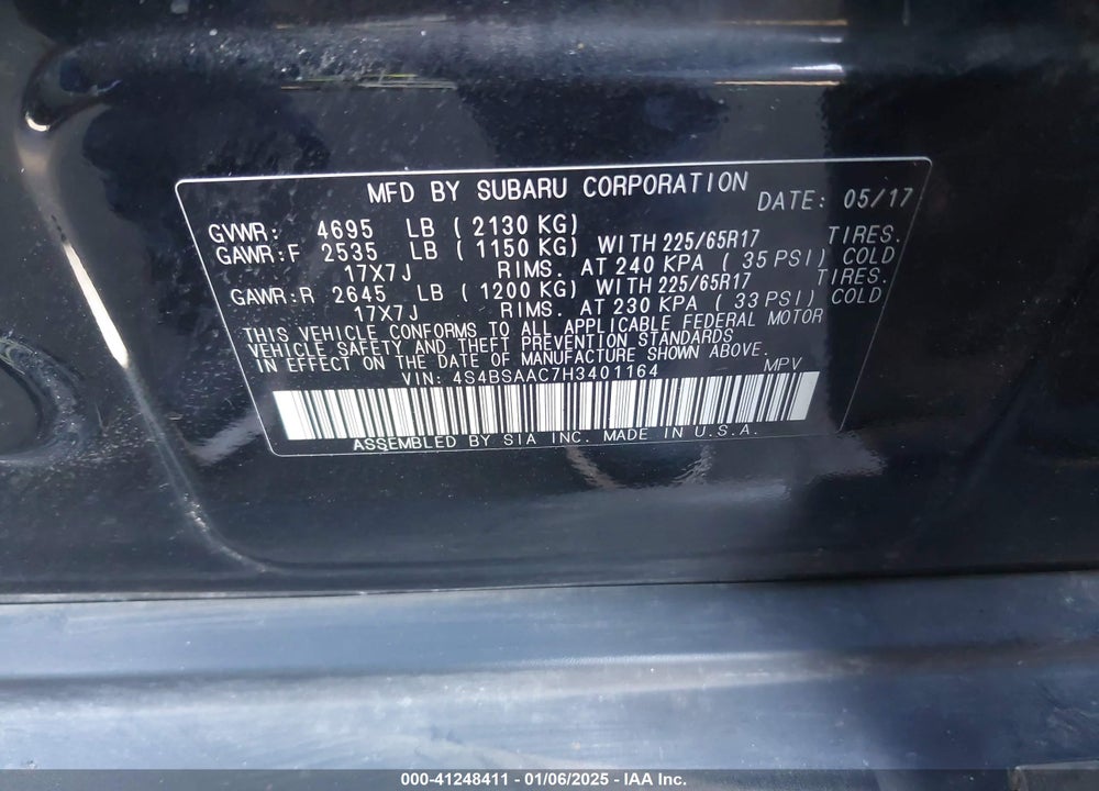 2017 SUBARU OUTBACK 2.5I VIN: 4S4BSAAC7H3401164