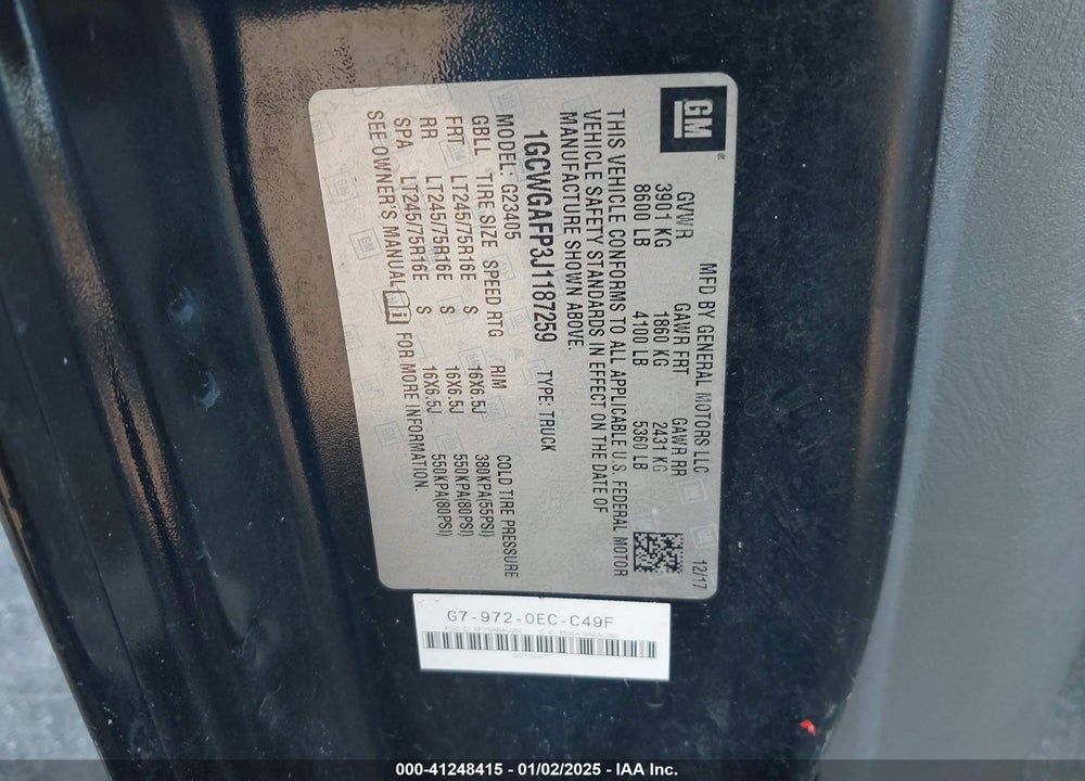 2018 CHEVROLET EXPRESS 2500 WORK VAN VIN: 1GCWGAFP3J1187259