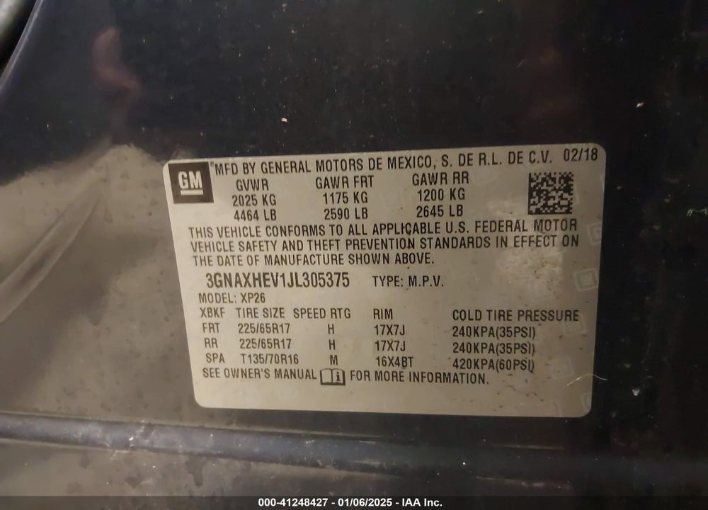 2018 CHEVROLET EQUINOX LS VIN: 3GNAXHEV1JL305375