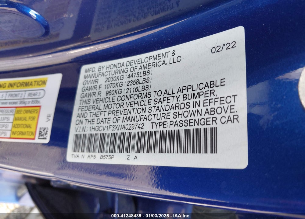 2022 HONDA ACCORD SPORT VIN: 1HGCV1F3XNA029742