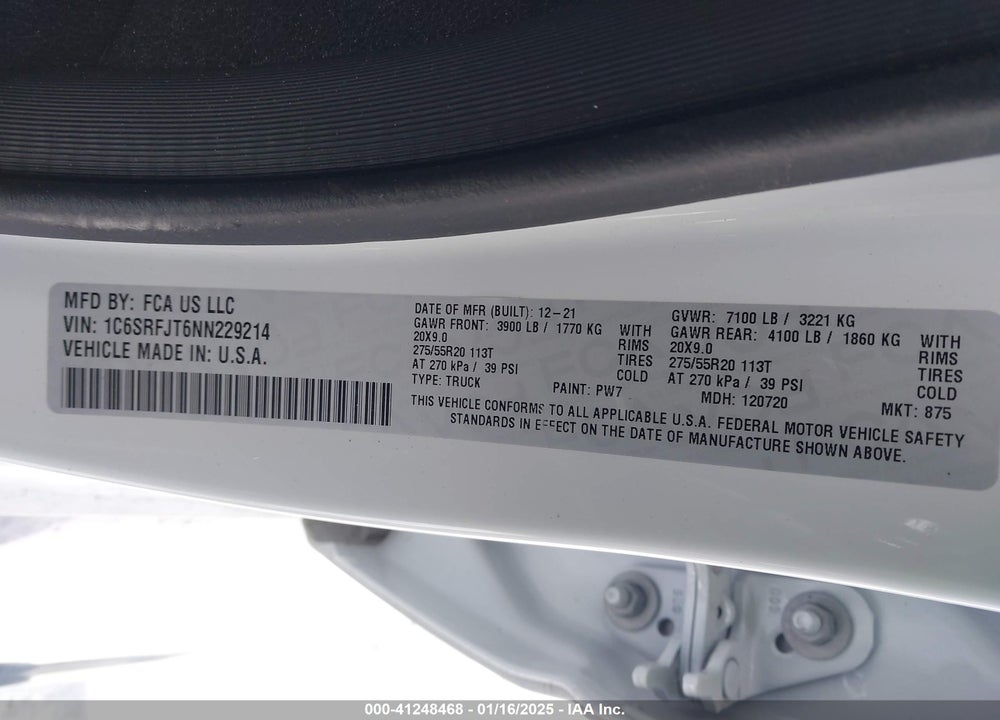 2022 RAM 1500 VIN: 1C6SRFJT6NN229214
