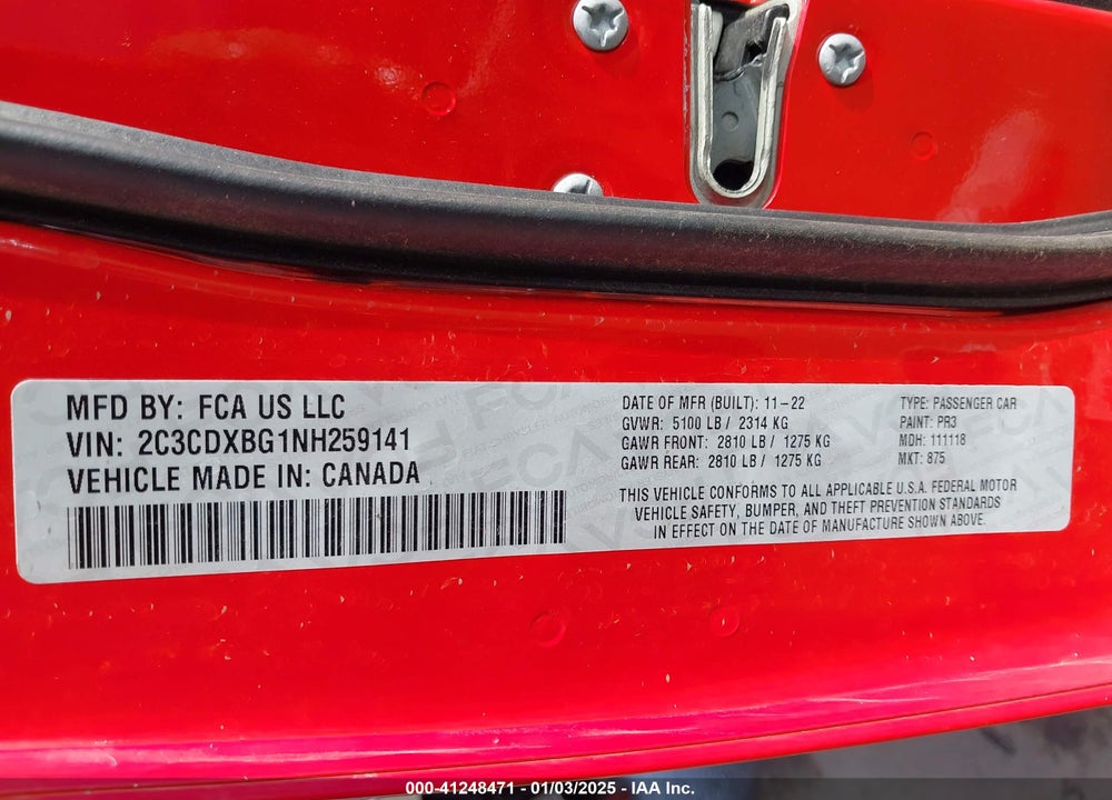 2022 DODGE CHARGER SXT RWD VIN: 2C3CDXBG1NH259141