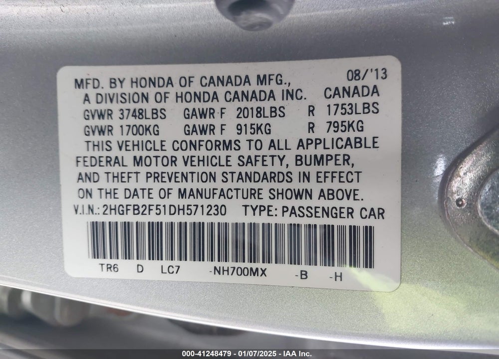2013 HONDA CIVIC VIN: 2HGFB2F51DH571230