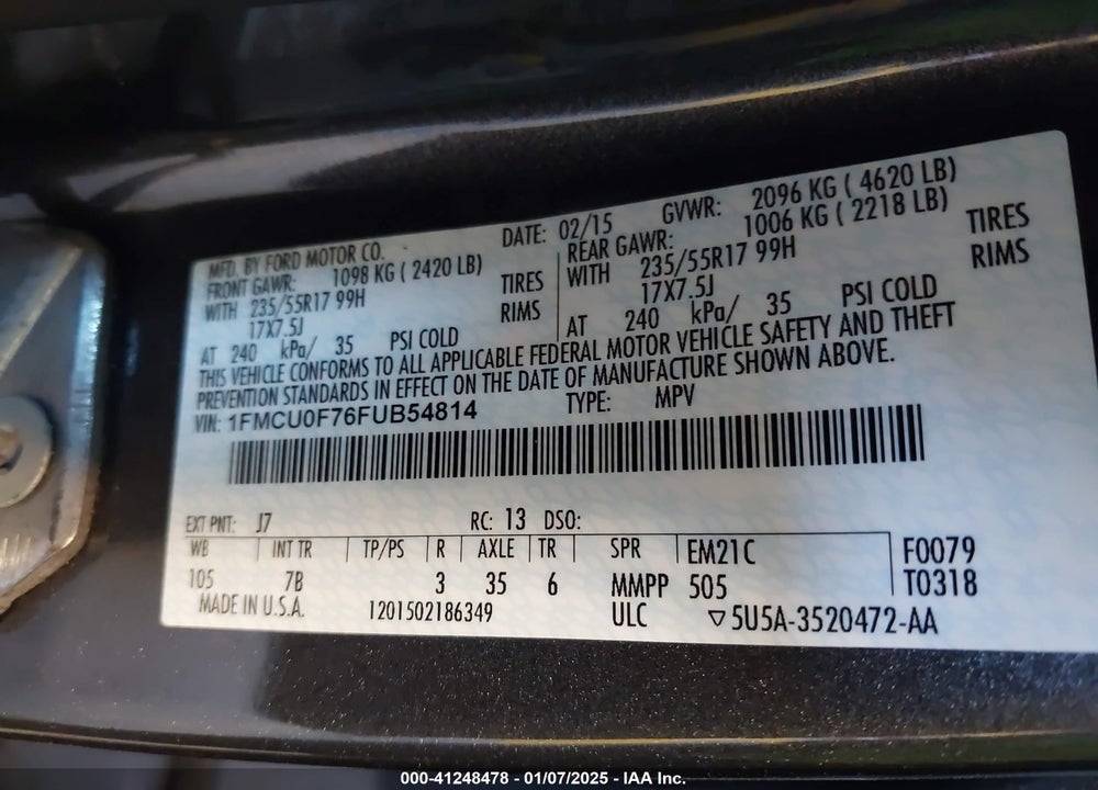 2015 FORD ESCAPE S VIN: 1FMCU0F76FUB54814
