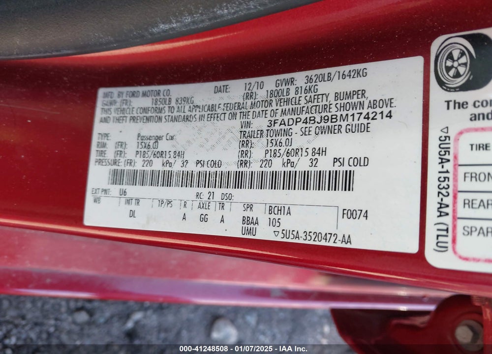 2011 FORD FIESTA VIN: 3FADP4BJ9BM174214