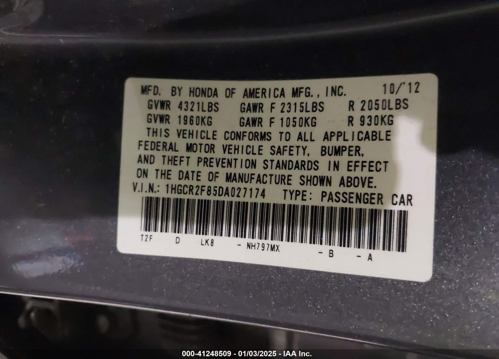 2013 HONDA ACCORD EXL VIN: 1HGCR2F85DA027174
