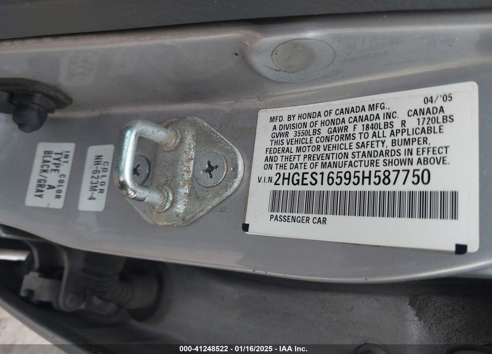 2005 HONDA CIVIC LX VIN: 2HGES16595H587750