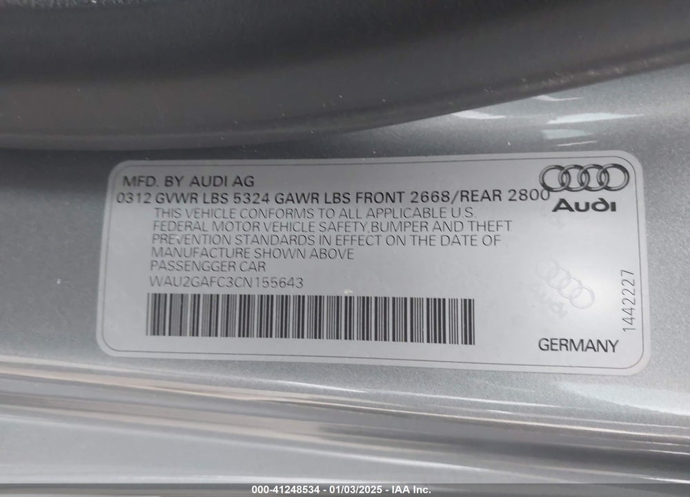 2012 AUDI A7 PREMIUM VIN: WAU2GAFC3CN155643