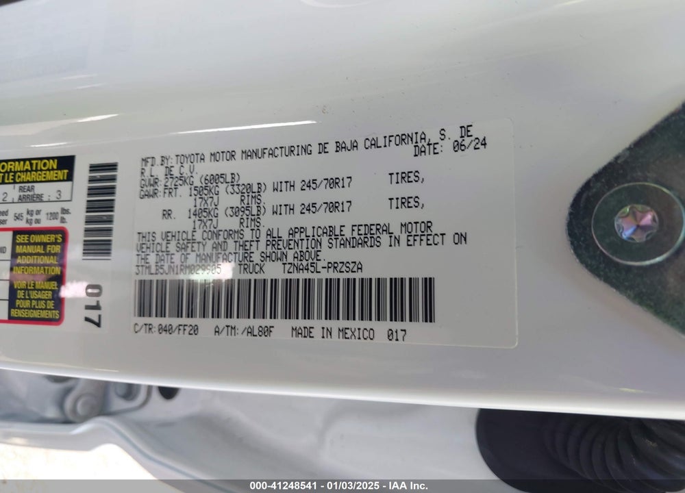 2024 TOYOTA TACOMA VIN: 3TMLB5JN1RM029905