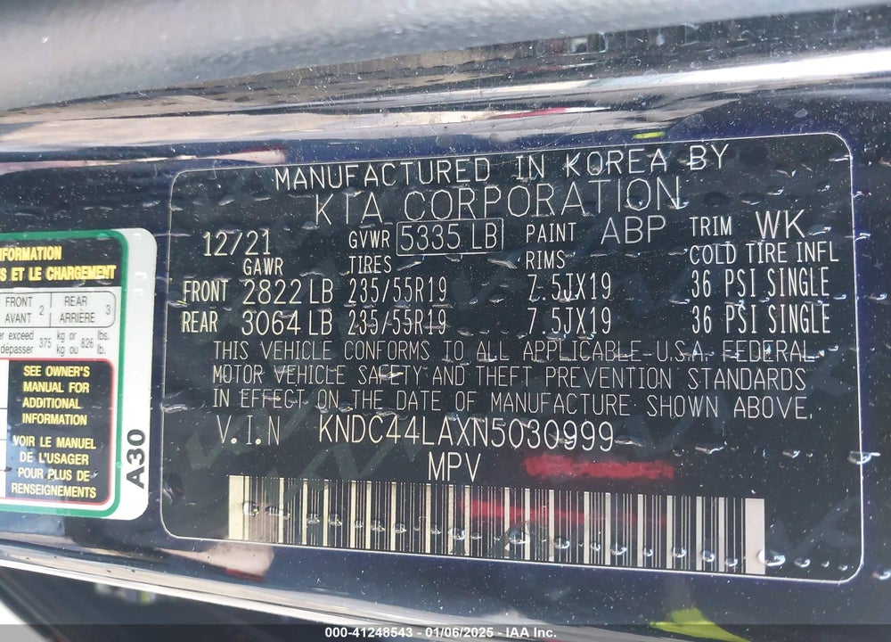 2022 KIA EV6 GT LINE VIN: KNDC44LAXN5030999
