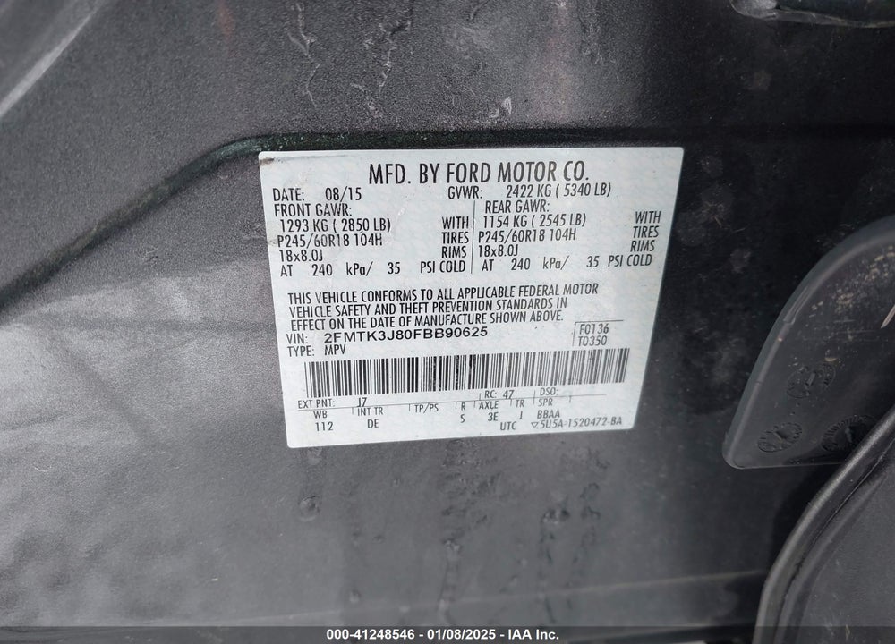 2015 FORD EDGE SEL VIN: 2FMTK3J80FBB90625