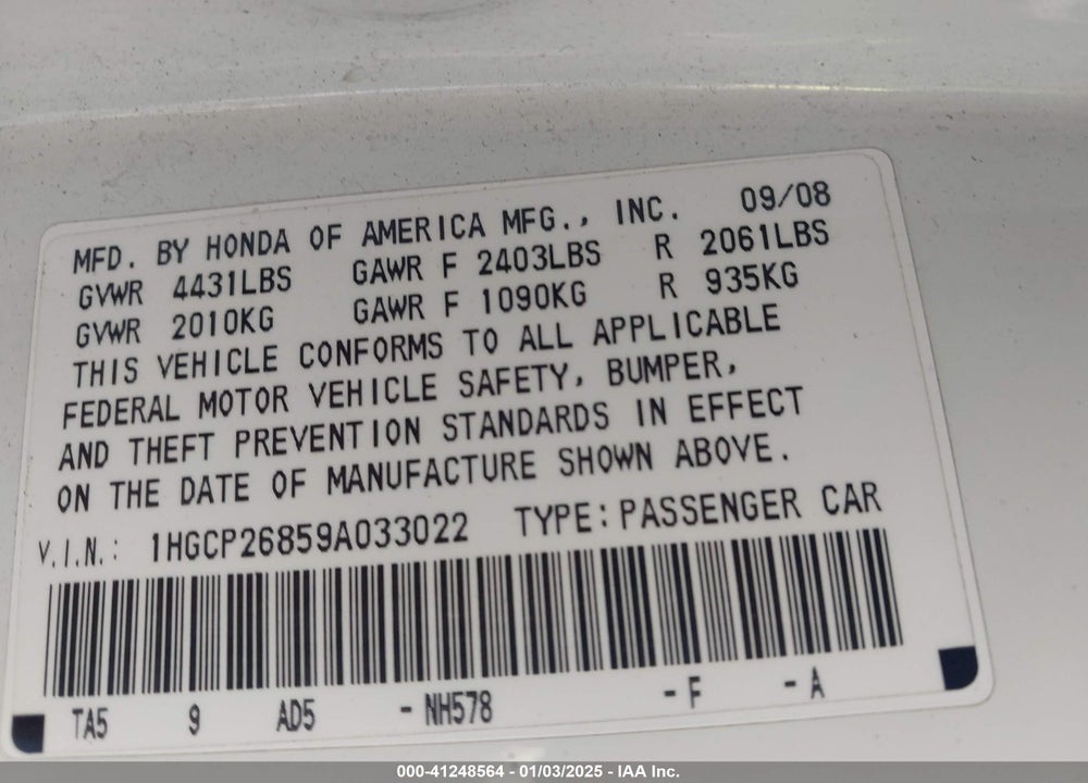 2009 HONDA ACCORD 2.4 EX-L VIN: 1HGCP26859A033022