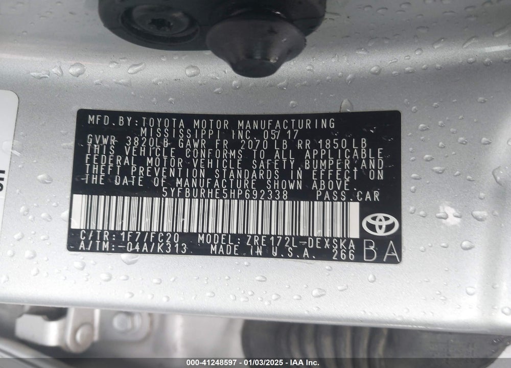 2017 TOYOTA COROLLA SE VIN: 5YFBURHE5HP692338