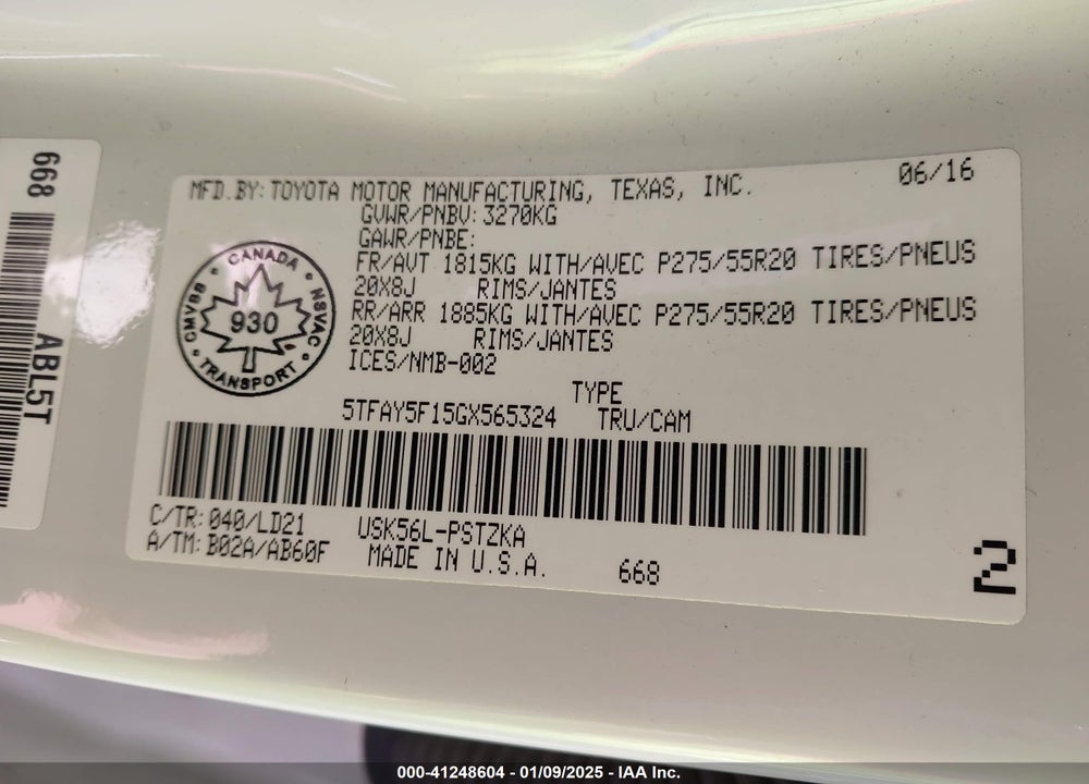 2016 TOYOTA TUNDRA VIN: 5TFAY5F15GX565324